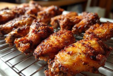 Close-up of perfectly seasoned and crispy baked chicken wings resting on a wire cooling rack.