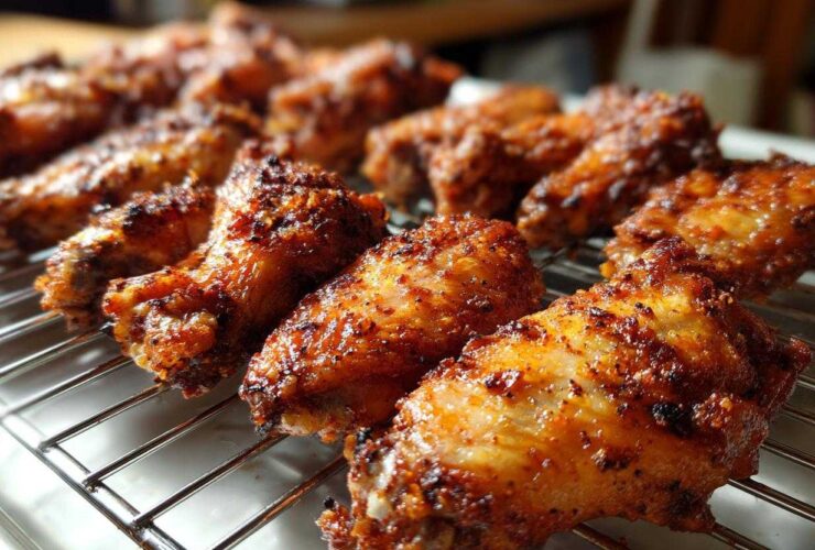 Close-up of perfectly seasoned and crispy baked chicken wings resting on a wire cooling rack.