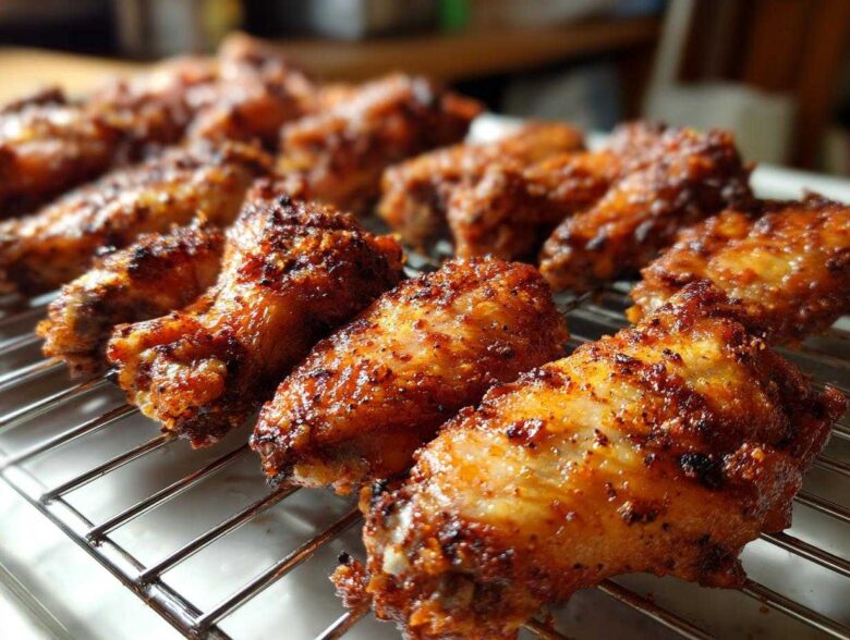 Close-up of perfectly seasoned and crispy baked chicken wings resting on a wire cooling rack.