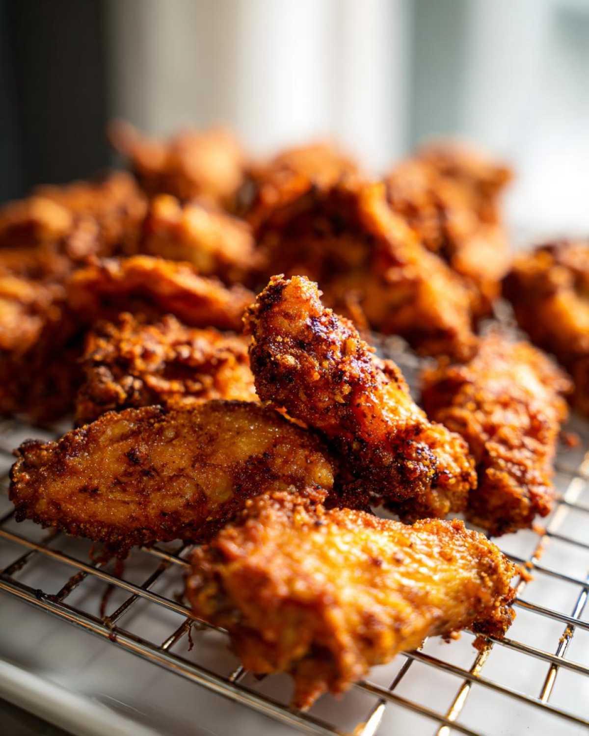 Close-up of golden brown, seasoned crispy baked chicken wings resting on a wire cooling rack.