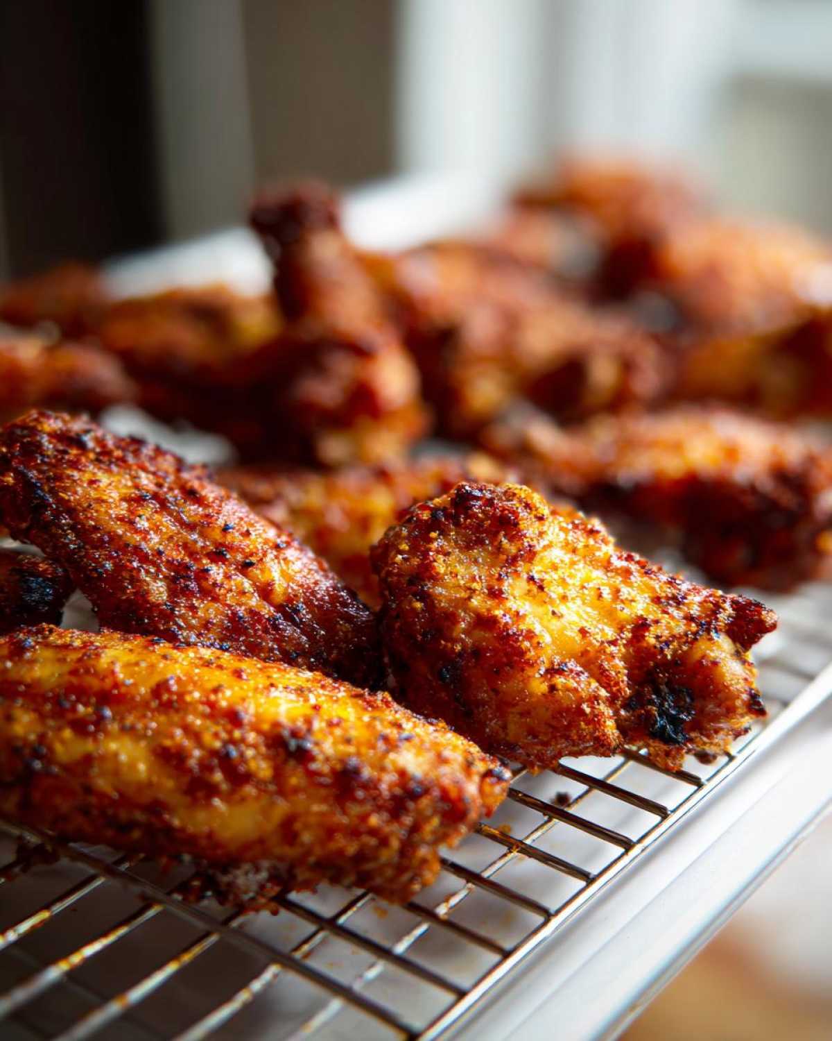 Close-up of perfectly seasoned and crispy baked chicken wings resting on a wire cooling rack.