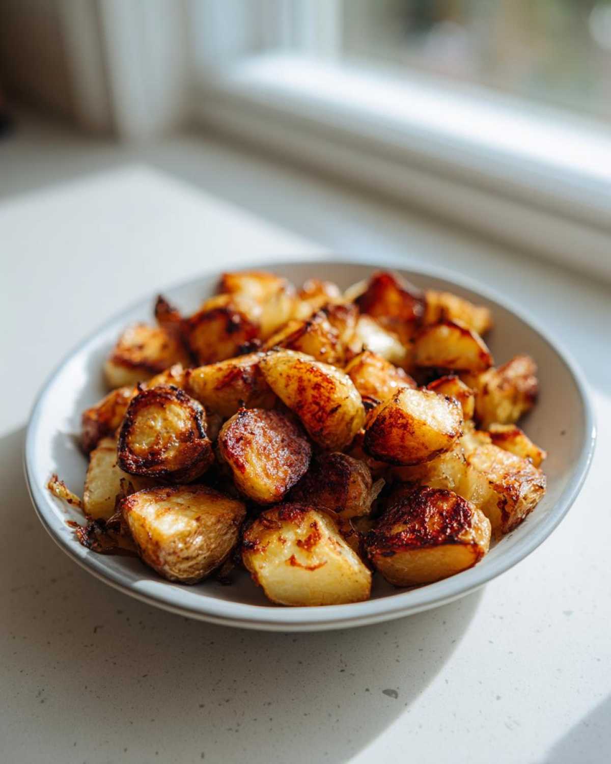 A bowl of perfectly golden and crispy breakfast potatoes sitting on a sunlit countertop.