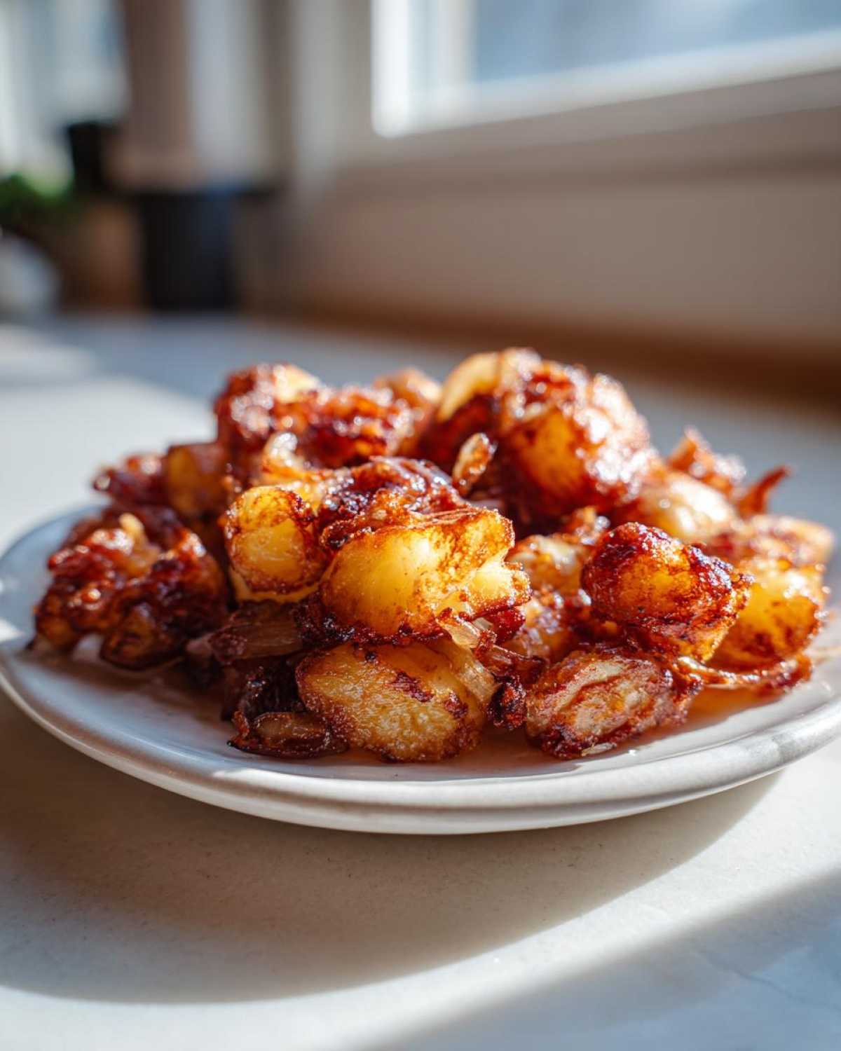 A plate piled high with golden brown, crispy breakfast potatoes mixed with caramelized onions, catching the sunlight.