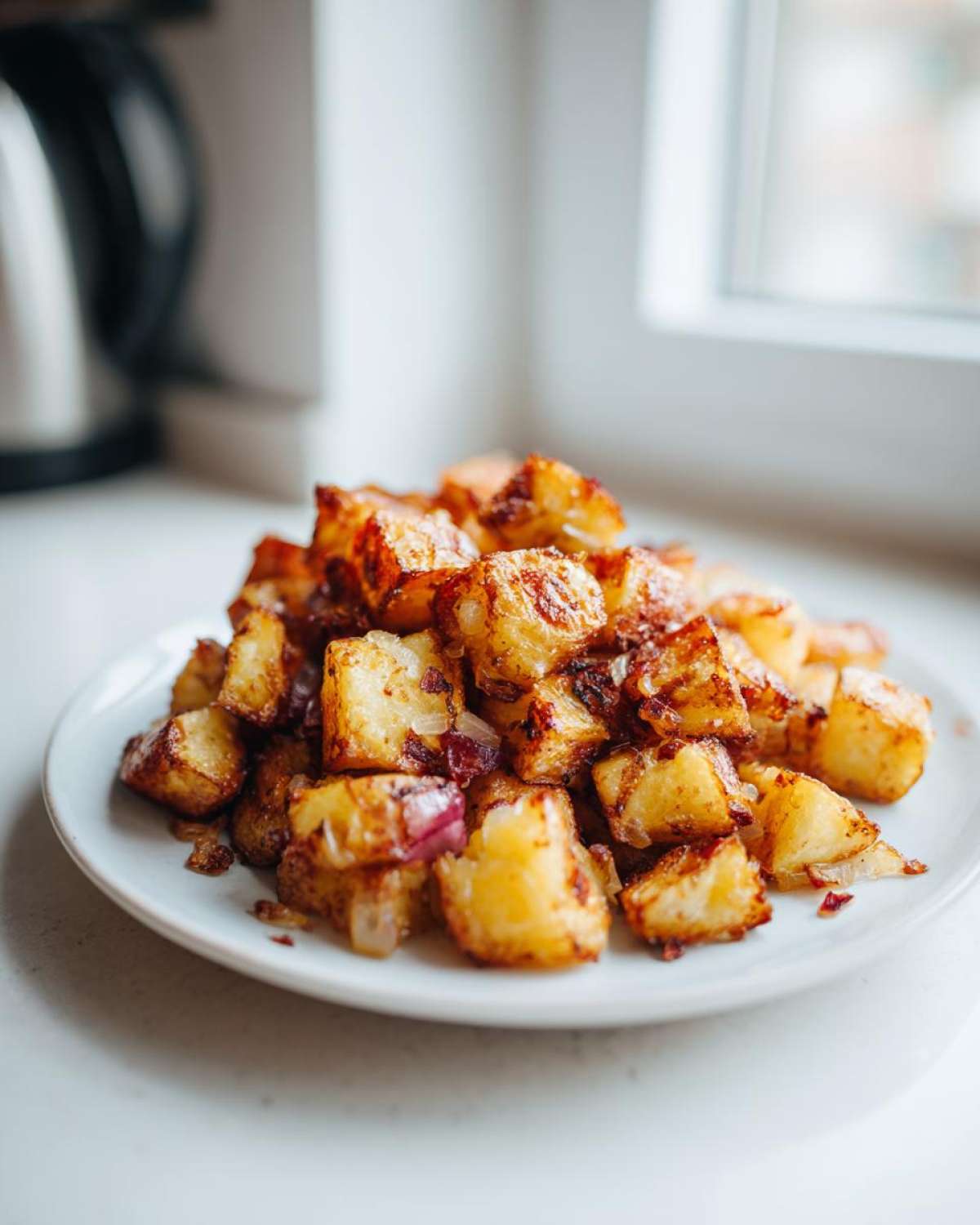 A close-up of perfectly crispy, golden brown breakfast potatoes mixed with caramelized red onions on a white plate.