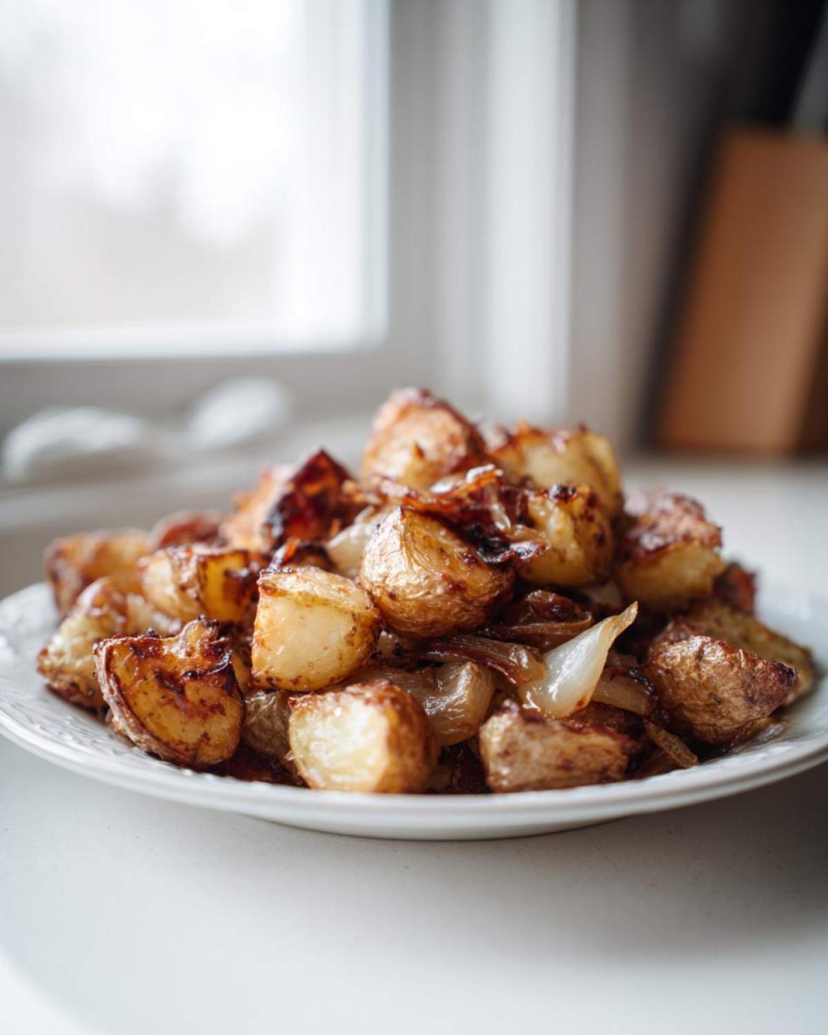 A white plate piled high with golden brown, crispy breakfast potatoes mixed with caramelized onions, set near a bright window.