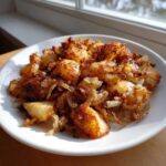 A white plate piled high with golden brown, crispy breakfast potatoes mixed with caramelized onions.