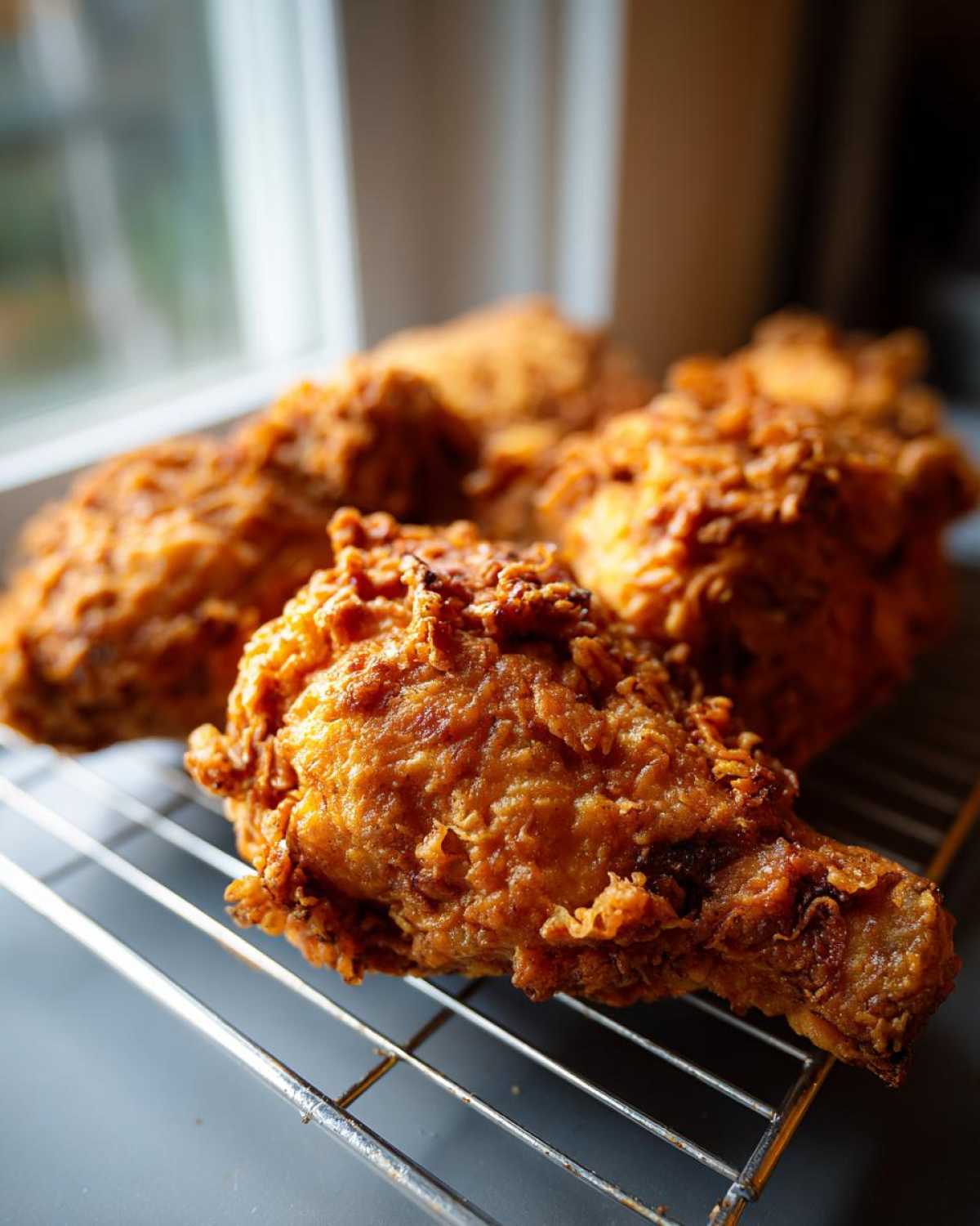 Close-up of perfectly golden, crispy fried chicken pieces resting on a metal cooling rack.
