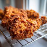 Close-up of a perfectly crispy, golden-brown piece of fried chicken resting on a wire cooling rack.