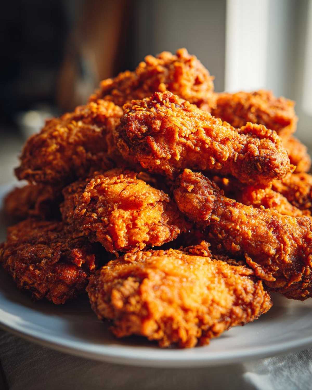 A close-up shot of a large pile of perfectly cooked, crispy fried chicken wings on a white plate.