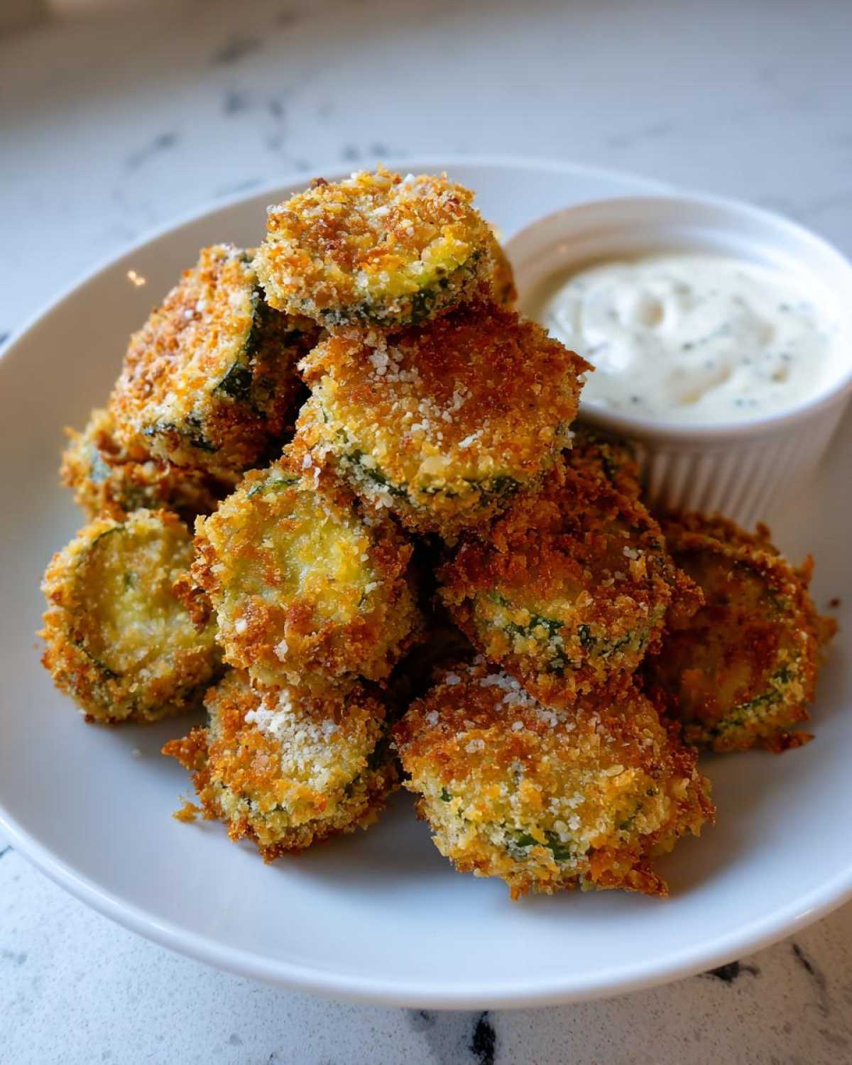 A pile of golden brown, crispy fried pickles served on a white plate next to a small bowl of creamy dipping sauce.