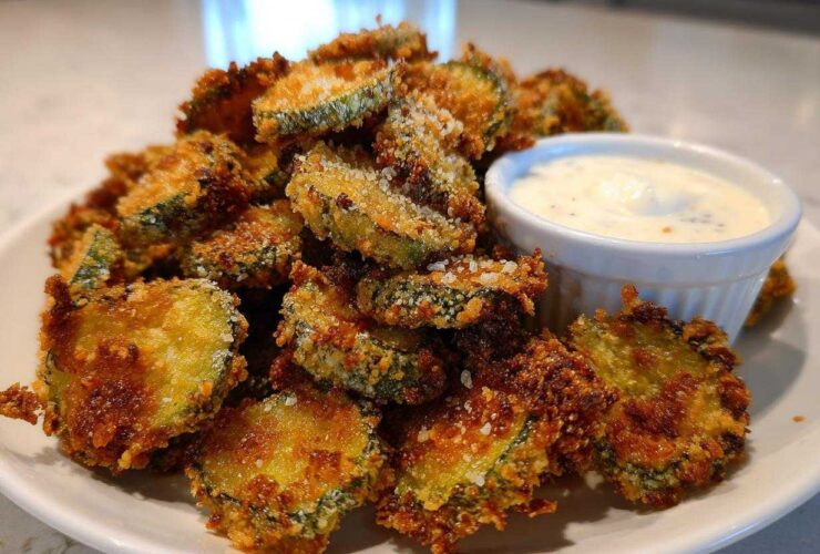 A generous pile of golden brown, crispy fried pickles served on a white plate next to a small bowl of creamy dipping sauce.