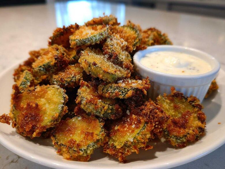 A generous pile of golden brown, crispy fried pickles served on a white plate next to a small bowl of creamy dipping sauce.