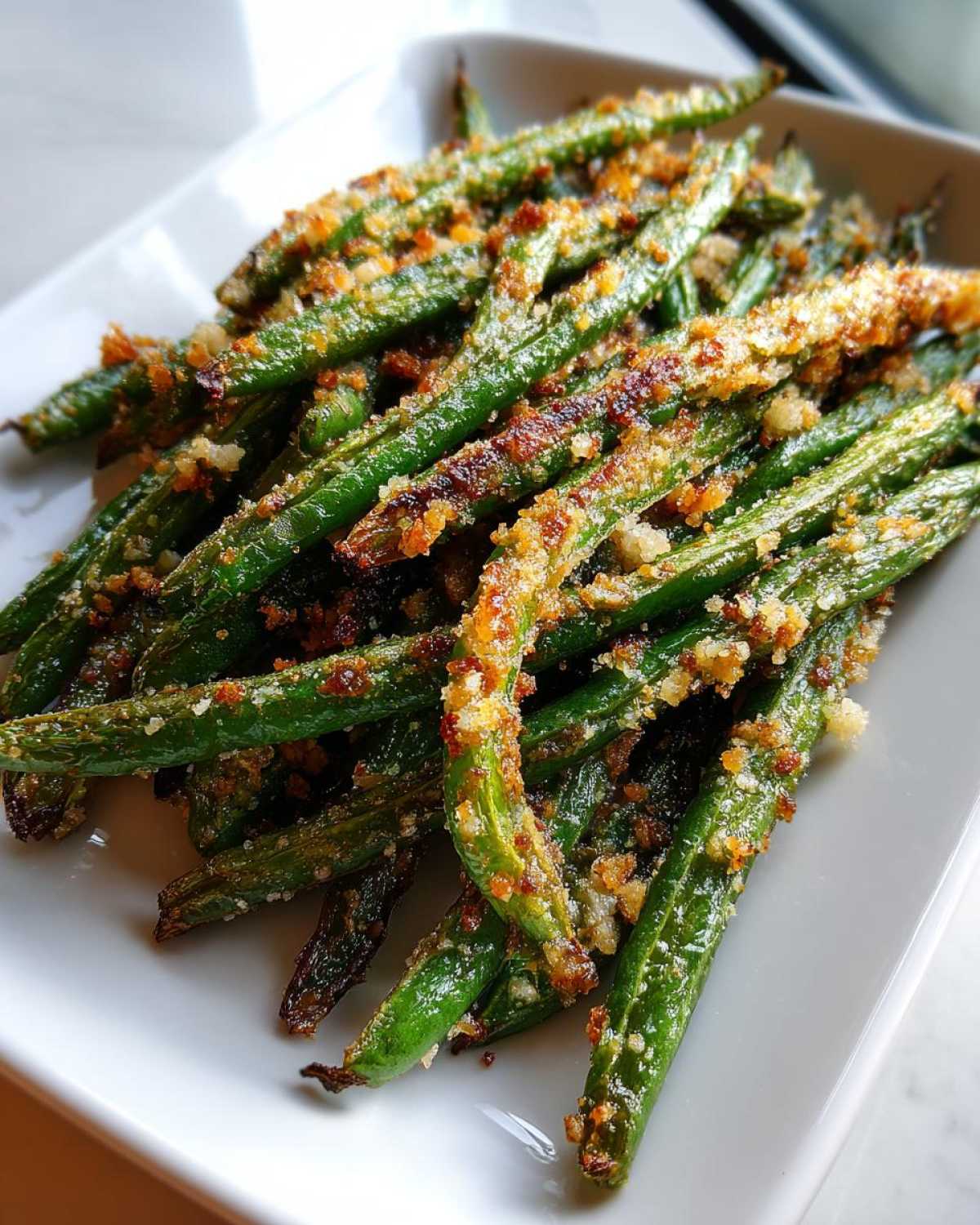 Close-up of crispy, roasted green beans coated in golden brown garlic parmesan breading.