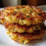 Close-up of three golden-brown, crispy mashed potato cakes stacked on a white plate, flecked with green herbs.