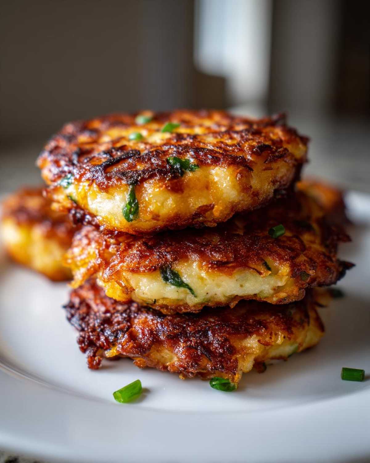 A stack of three golden-brown, crispy mashed potato cakes garnished with fresh chives.