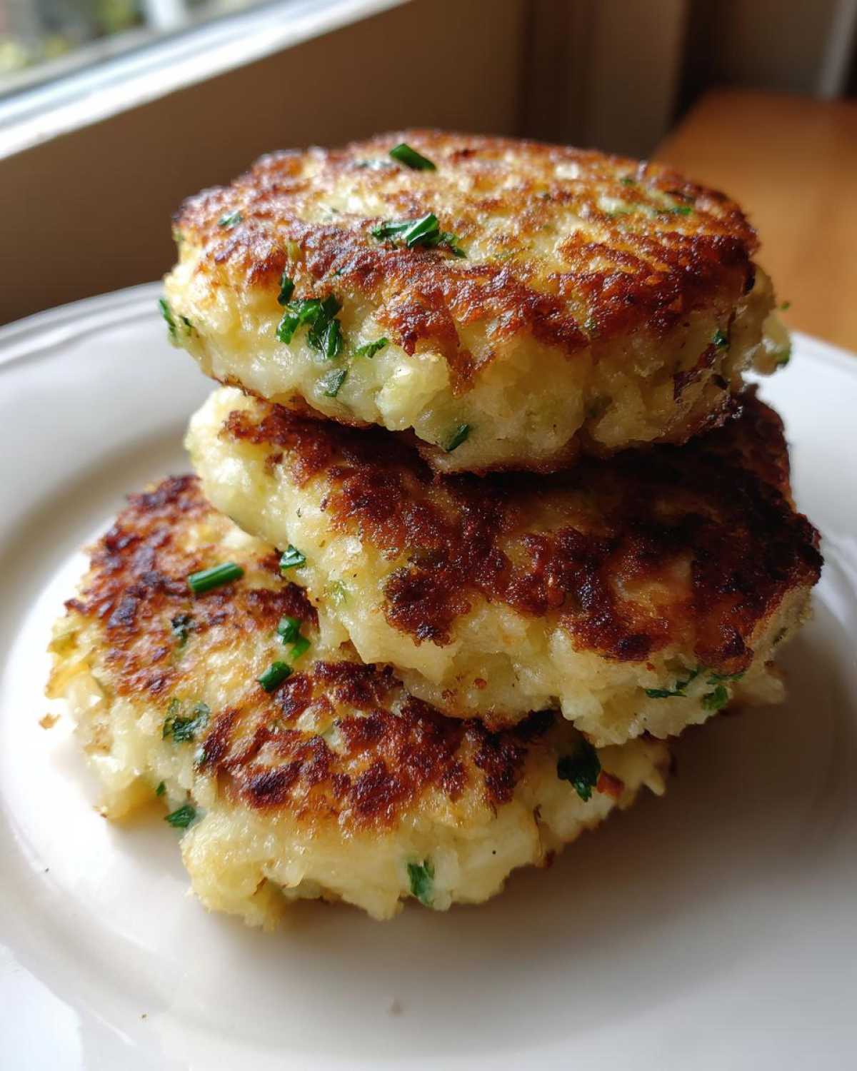 Three golden brown, crispy mashed potato cakes stacked on a white plate, garnished with fresh green chives.