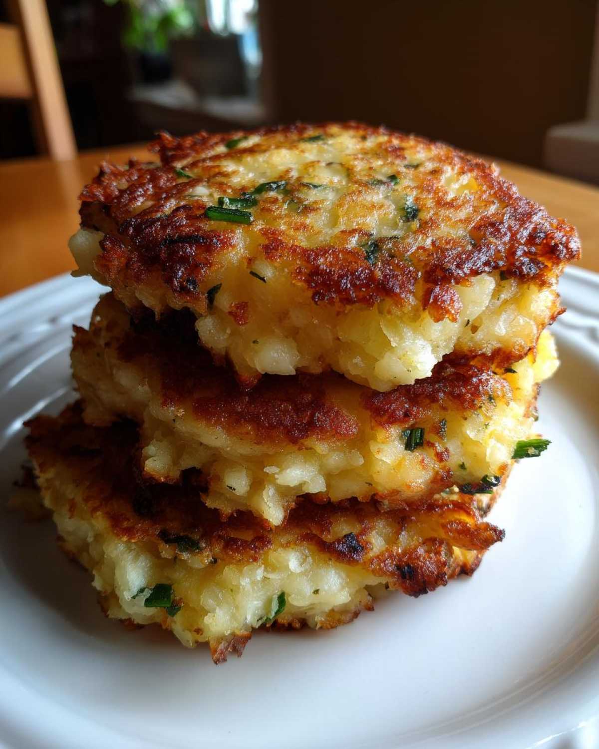 A stack of three golden-brown, crispy mashed potato cakes garnished with green chives on a white plate.