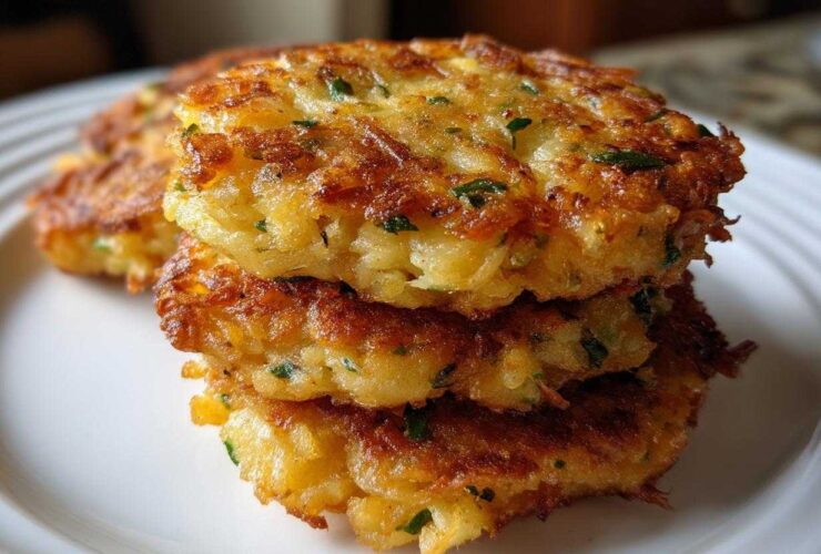 Close-up of three golden-brown, crispy mashed potato cakes stacked on a white plate, flecked with green herbs.