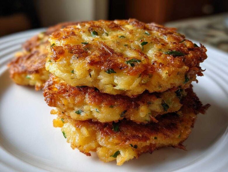 Close-up of three golden-brown, crispy mashed potato cakes stacked on a white plate, flecked with green herbs.