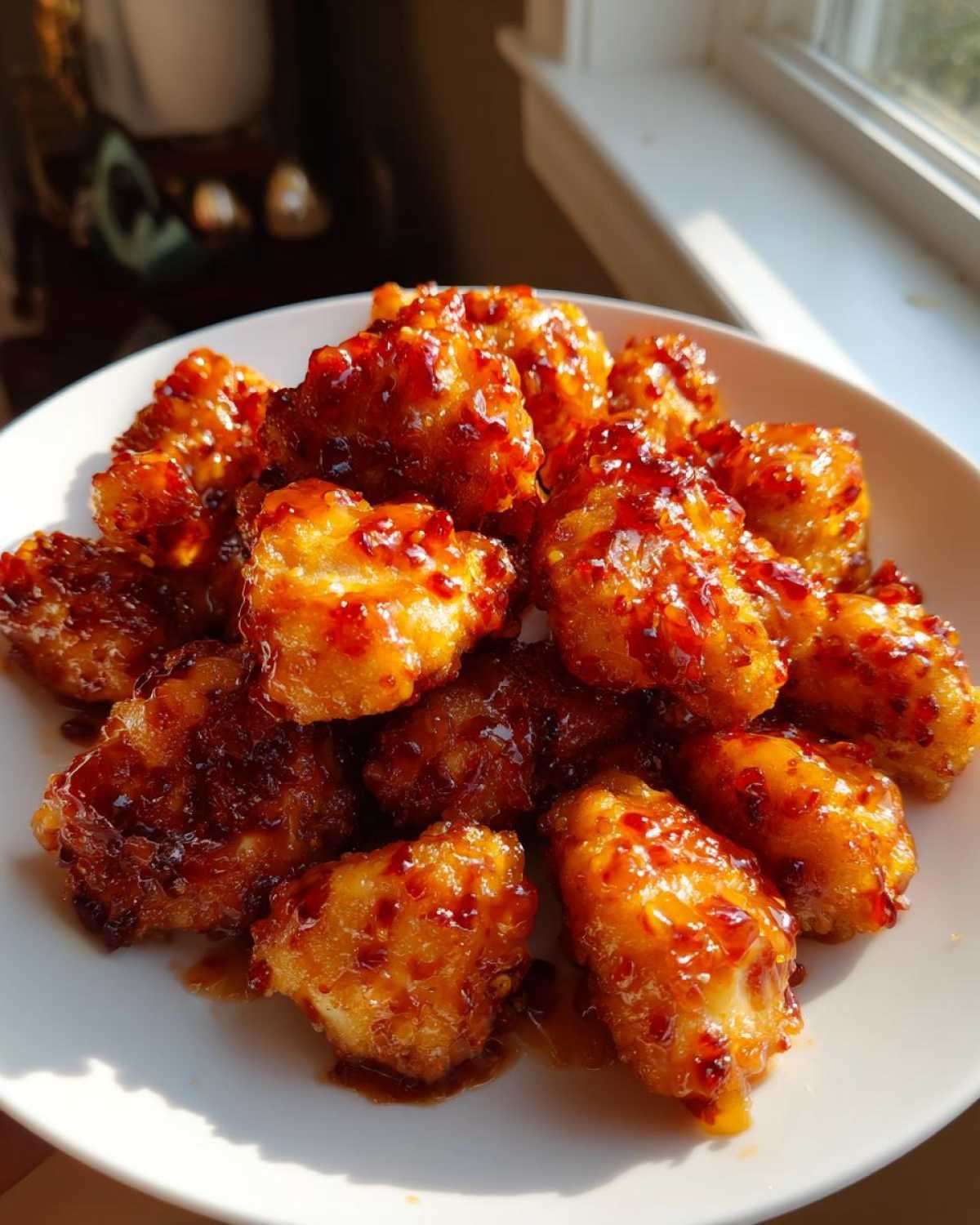 A plate piled high with crispy, glazed pieces of orange chicken recipe, glistening under natural light.
