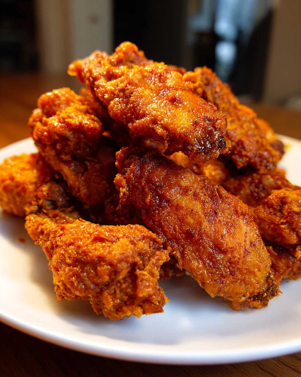 Close-up of a pile of perfectly cooked, bright orange, saucy chicken wings stacked on a white plate.