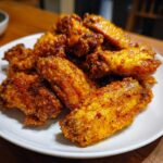 Close-up of golden brown, crispy seasoned chicken wings piled high on a white plate.