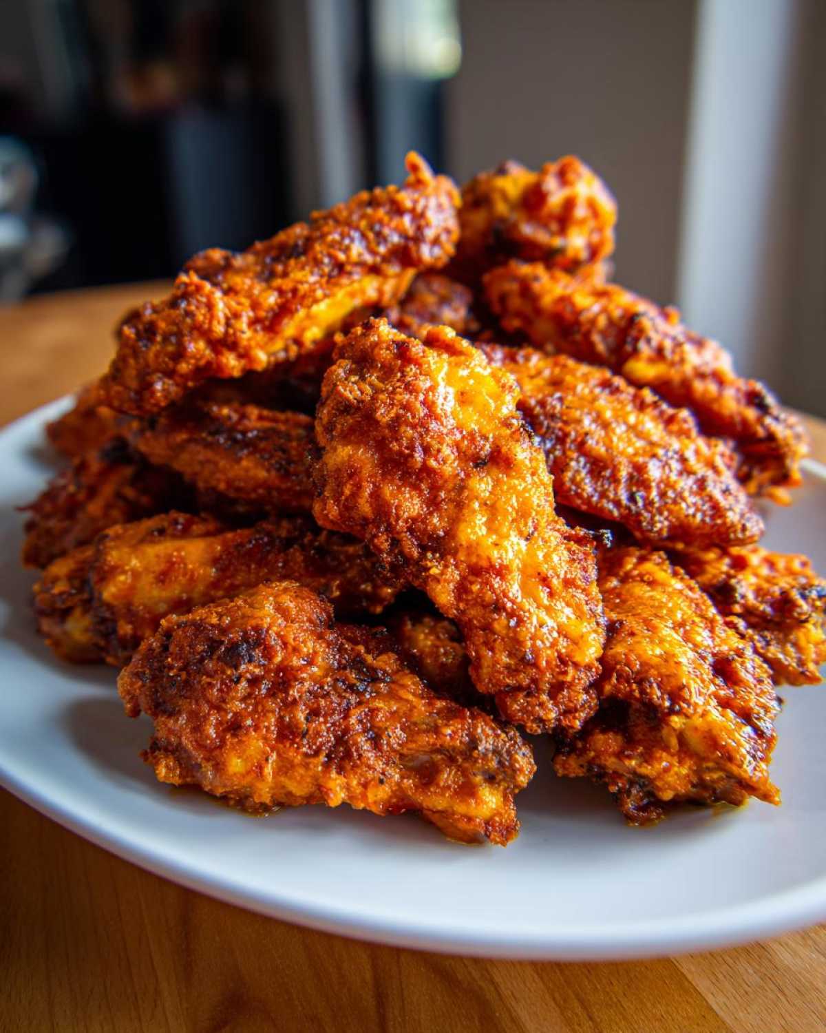 A large pile of perfectly crispy, bright orange-red seasoned chicken wings stacked high on a white plate.