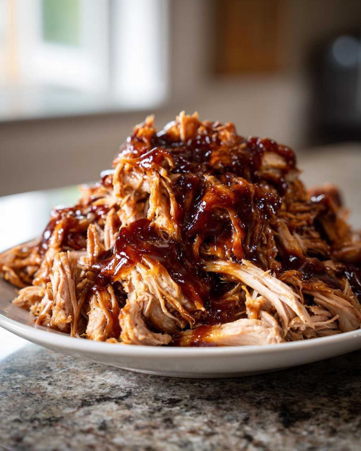 A generous mound of shredded crock pot pulled pork smothered in rich, dark BBQ sauce on a white plate.