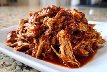 A close-up of shredded, saucy crock pot pulled pork piled high on a white rectangular plate.