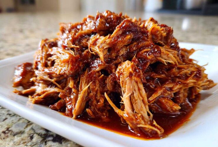 A close-up of shredded, saucy crock pot pulled pork piled high on a white rectangular plate.