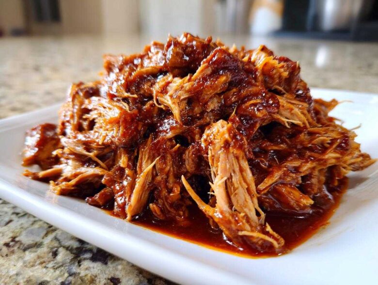 A close-up of shredded, saucy crock pot pulled pork piled high on a white rectangular plate.