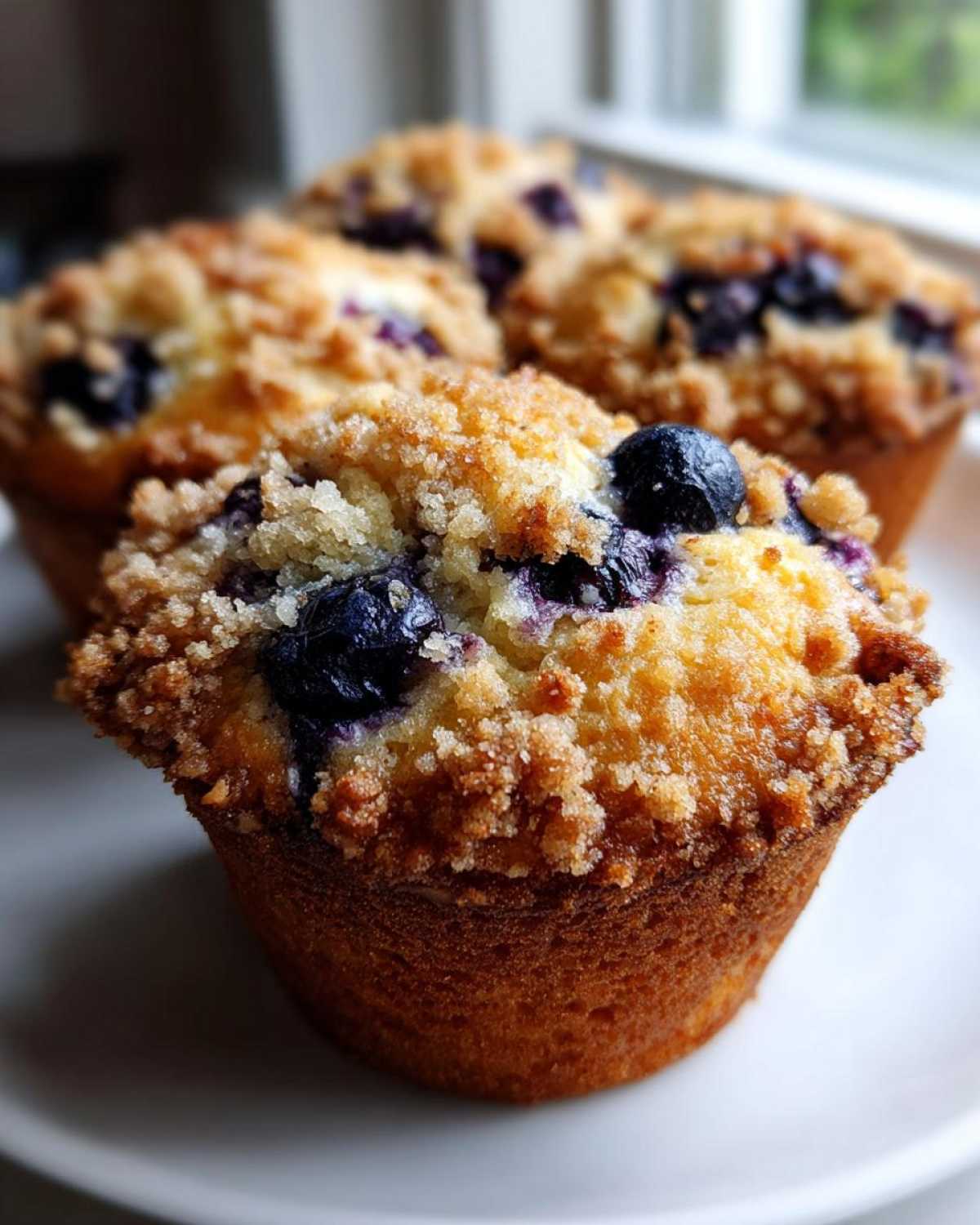 Close-up of a golden brown blueberry muffin topped with crunchy streusel, featuring visible fresh blueberries.