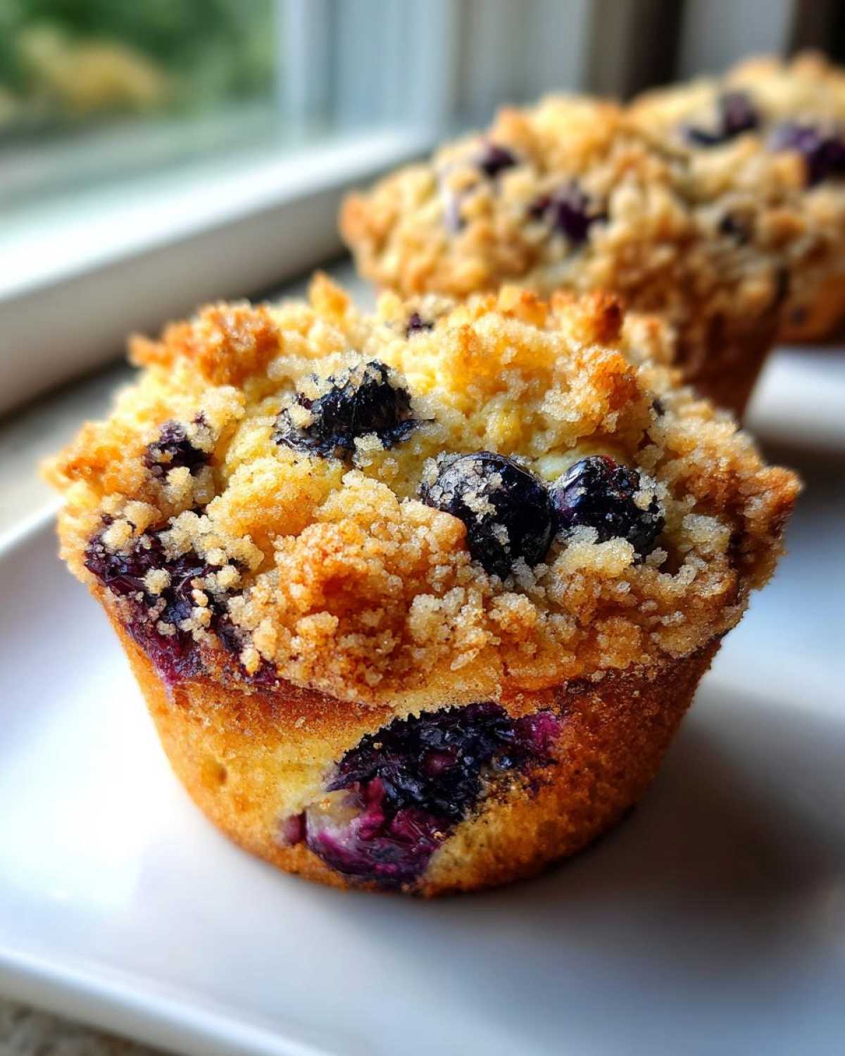 A close-up of a golden brown blueberry muffin topped with a thick layer of sweet streusel crumb topping.