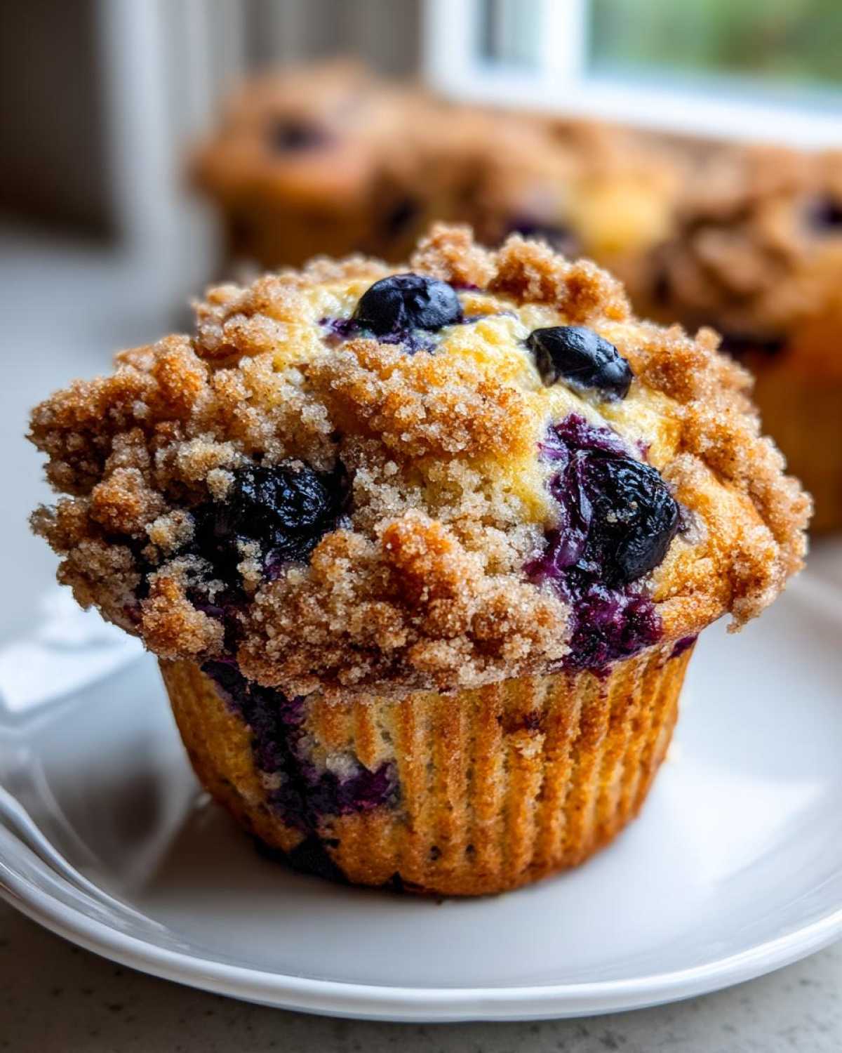 A close-up shot of a golden brown blueberry muffin topped with a thick, sugary crumb topping and fresh blueberries.