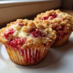 Close-up of two freshly baked strawberry muffins with a golden crumb topping sitting on a white plate.