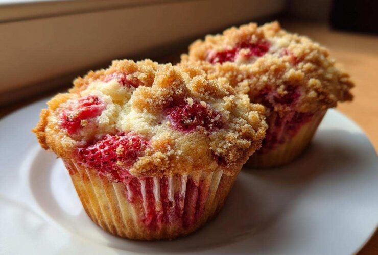 Close-up of two freshly baked strawberry muffins with a golden crumb topping sitting on a white plate.