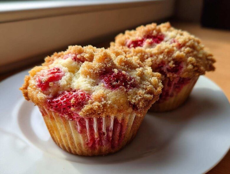 Close-up of two freshly baked strawberry muffins with a golden crumb topping sitting on a white plate.