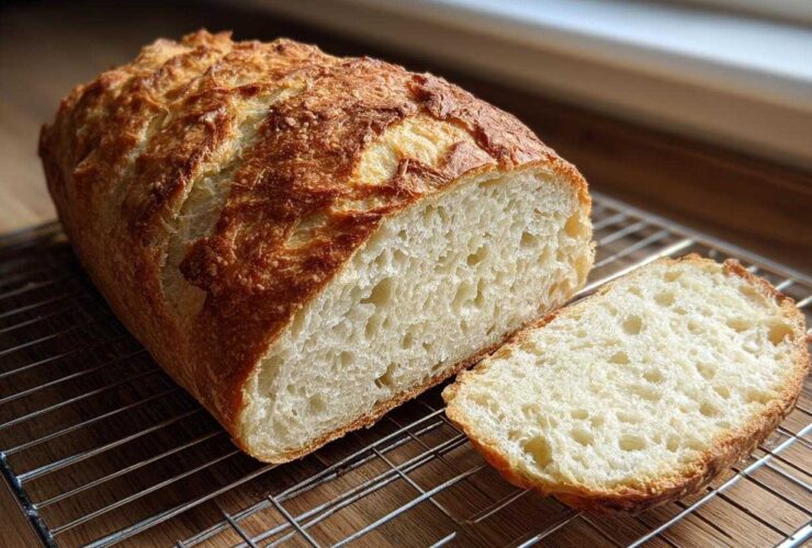 A freshly baked loaf of Italian bread, sliced to show the airy crumb, resting on a cooling rack.