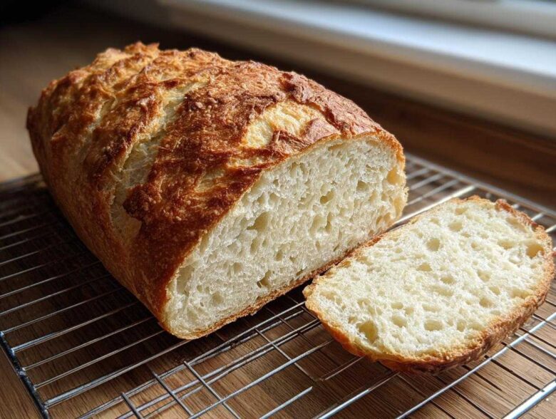 A freshly baked loaf of Italian bread, sliced to show the airy crumb, resting on a cooling rack.