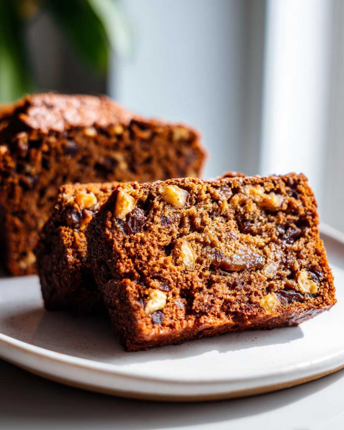 Two thick slices of moist date nut bread, rich in visible nuts and dates, resting on a white plate.