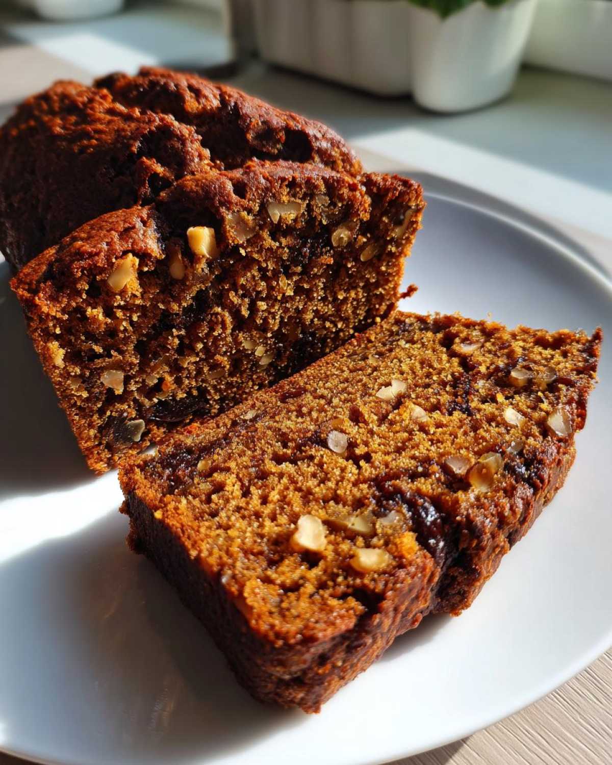 Close-up of thick slices of moist date nut bread studded with visible walnuts on a white plate.