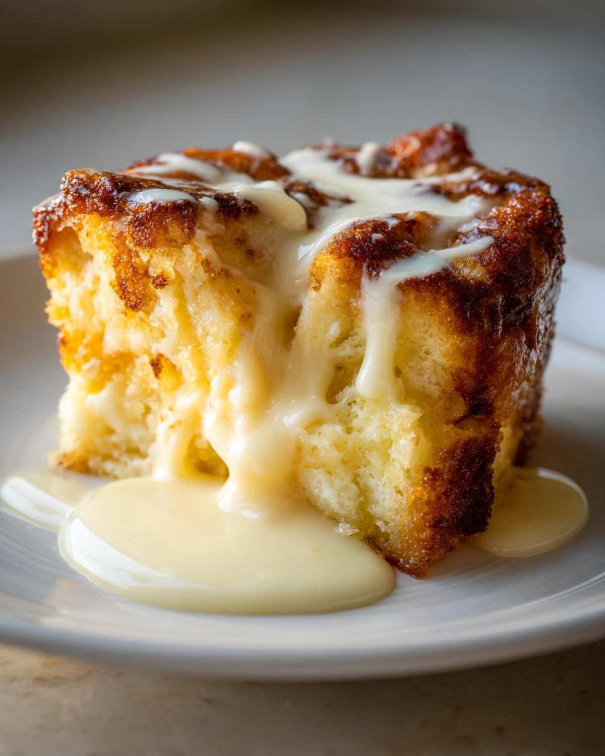 Close-up of a square slice of rich bread pudding topped with thick vanilla sauce.