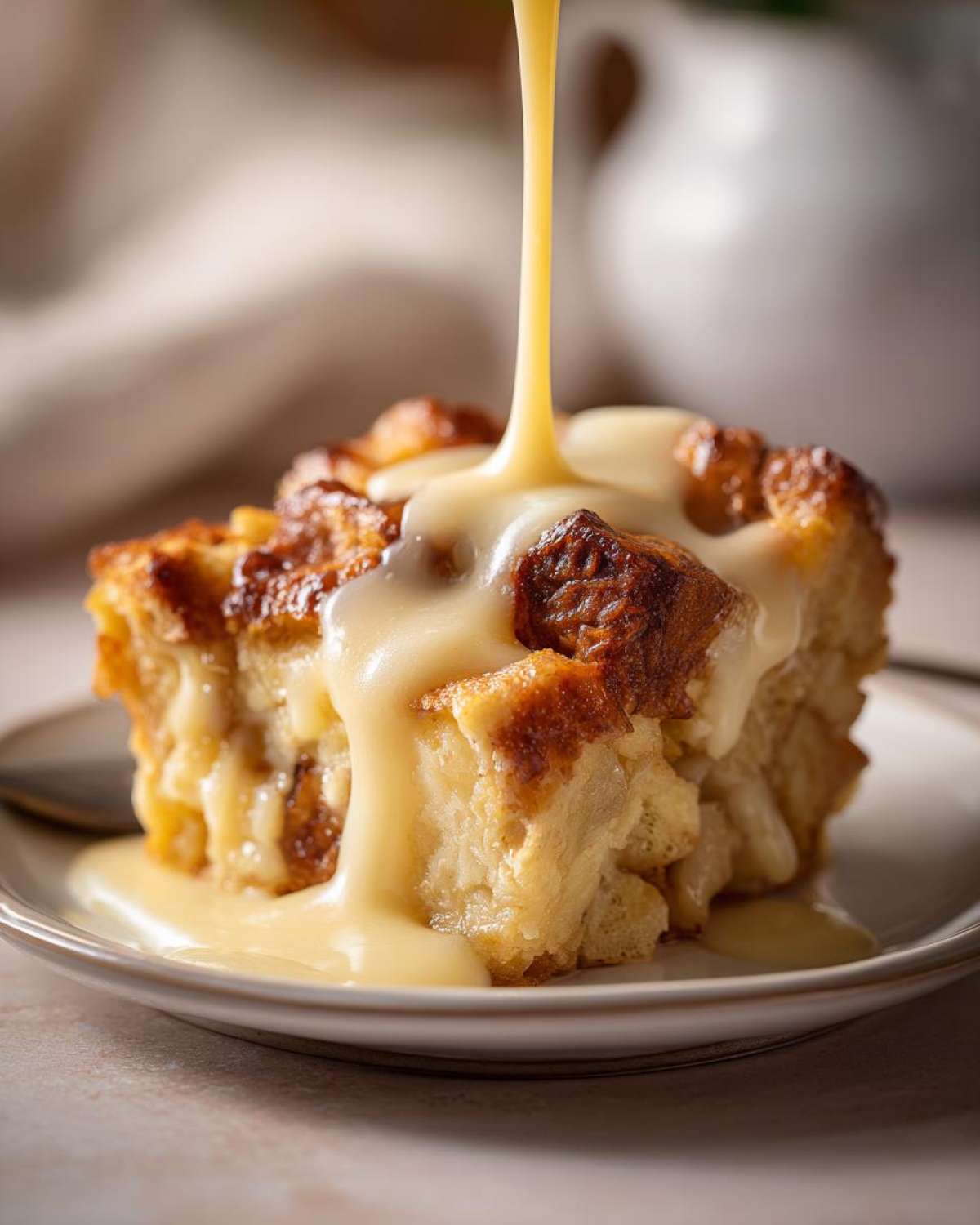 A close-up of a square slice of golden brown bread pudding being drenched with rich vanilla sauce.