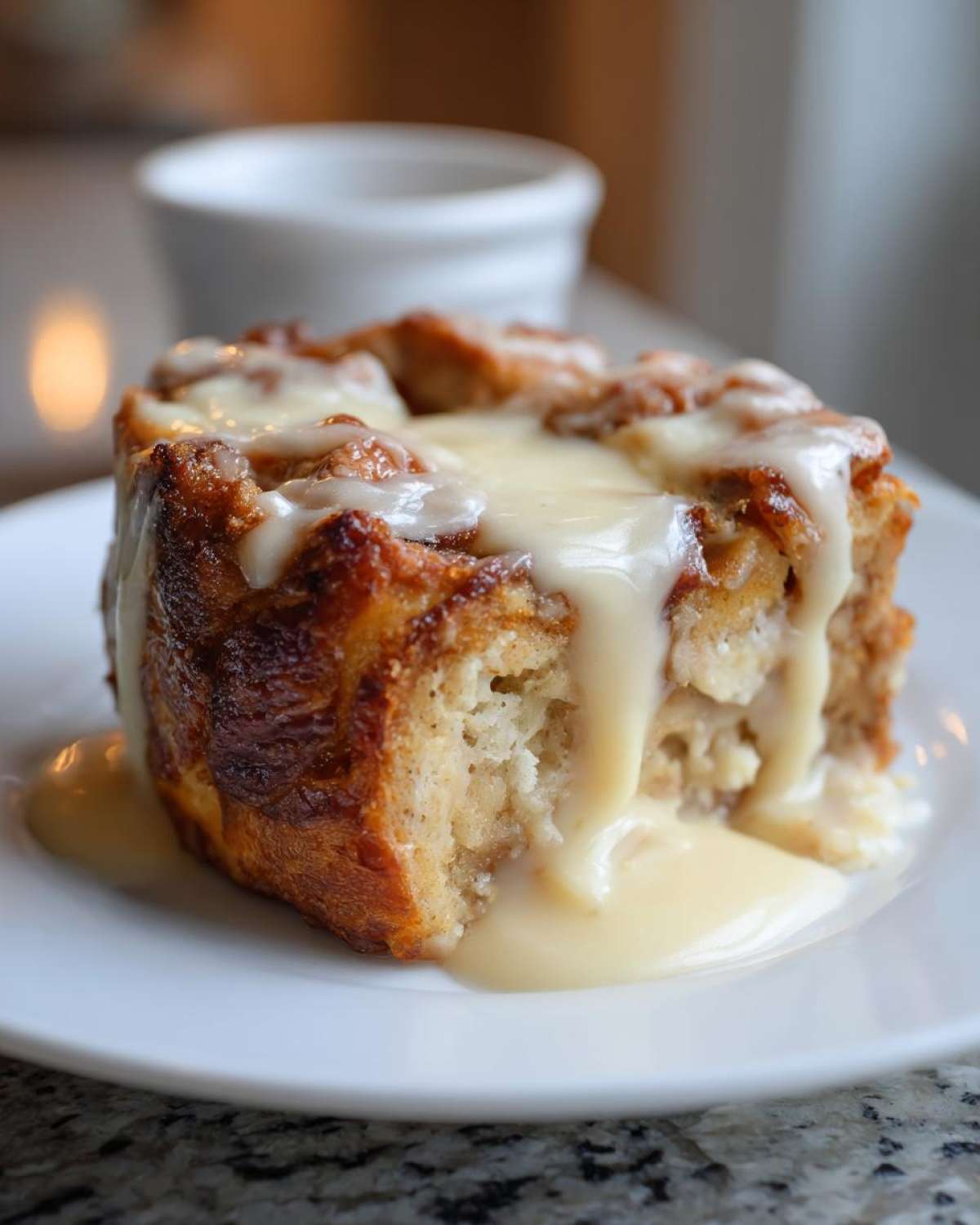 Close-up of a square slice of rich bread pudding topped with thick vanilla sauce.