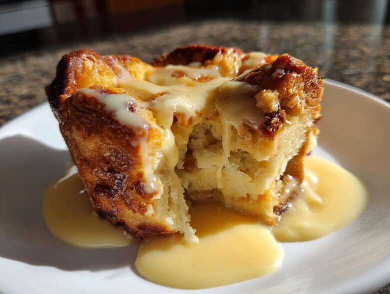 A close-up of a portion of warm bread pudding, drizzled heavily with a creamy vanilla sauce, served on a white plate.