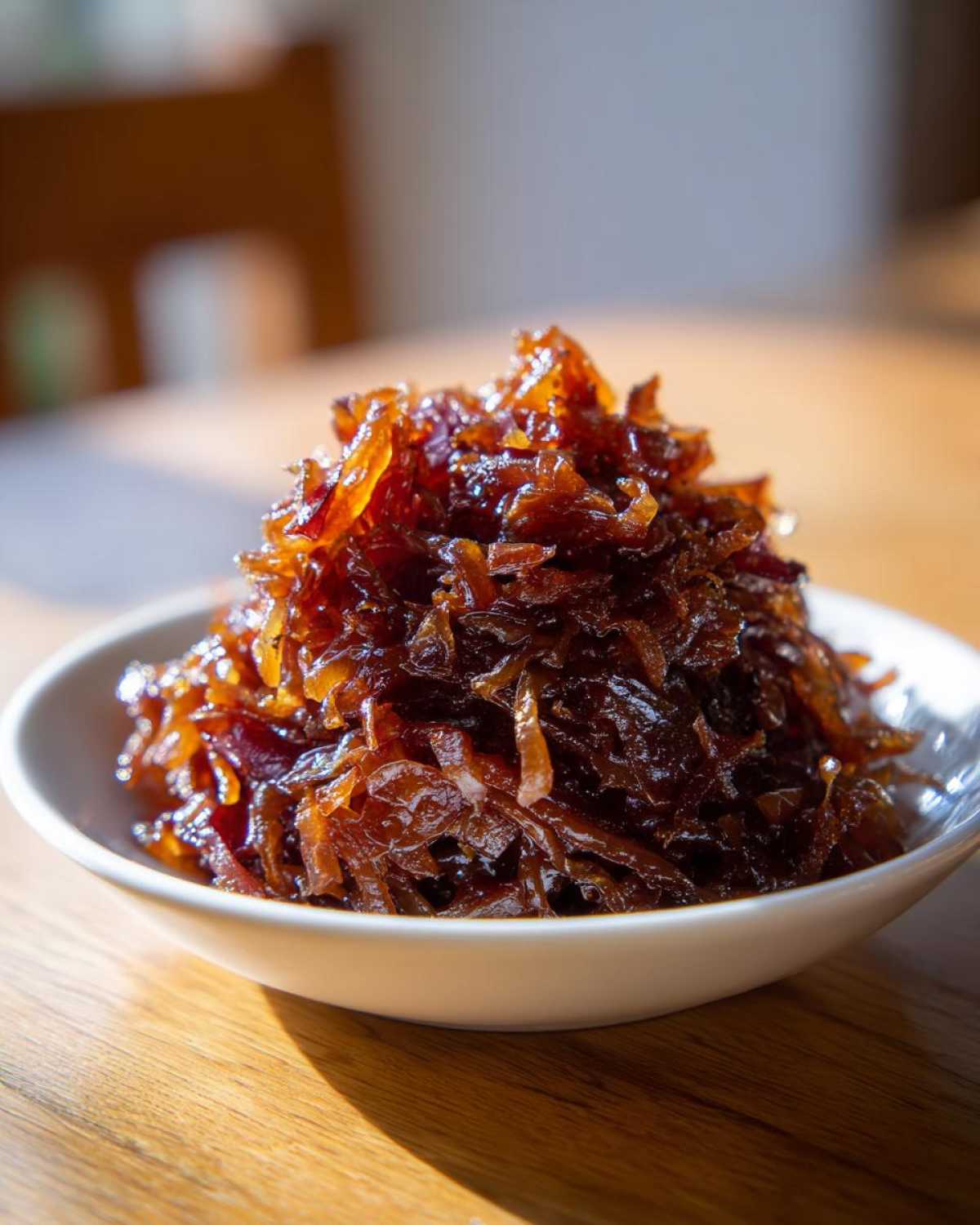 A heaping mound of rich, dark brown caramelized onions served in a small white bowl on a wooden table.