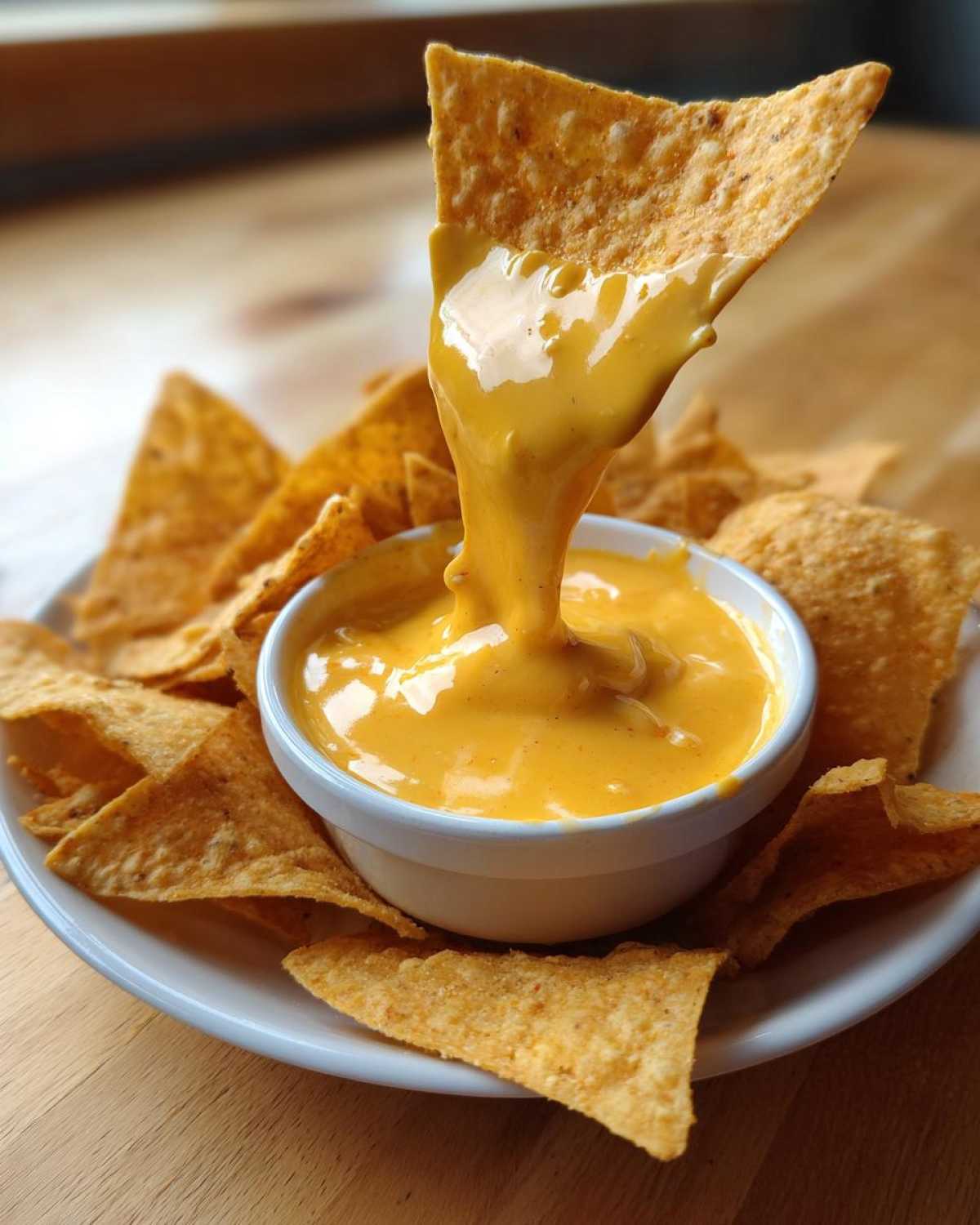A tortilla chip dripping with smooth, bright orange nacho cheese sauce being dipped into a small white bowl.