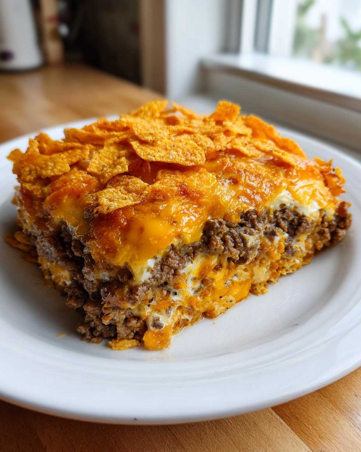 A hearty slice of Dorito Casserole featuring layers of seasoned ground beef, cheese, and a crunchy Dorito topping.