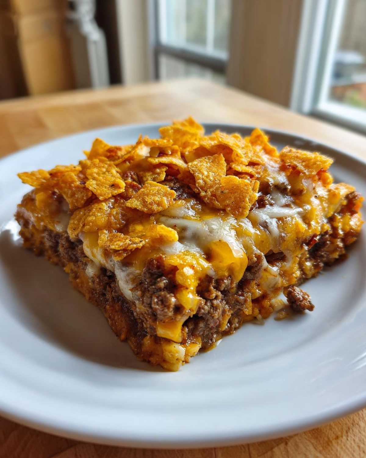 A square slice of Dorito Casserole topped with melted cheese and crunchy Doritos chips.