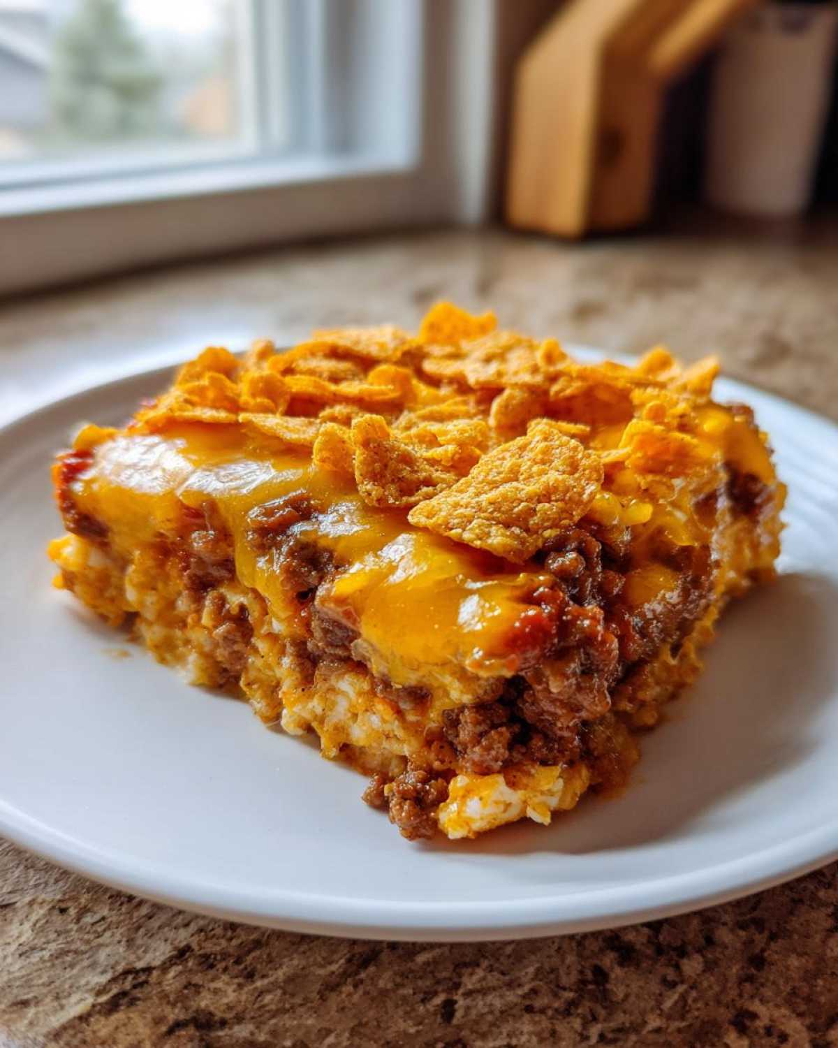 A square serving of Dorito Casserole featuring layers of ground meat, melted cheese, and a crunchy Doritos topping.
